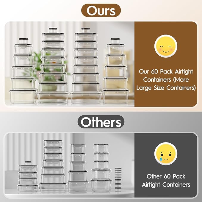 KEMETHY 60 PCS Food Storage Containers with Lids Airtight, Total 737oz, BPA-free, Food-grade, Eco-friendly Material, Leak Proof Plastic Containers, Microwave/Dishwasher Safe