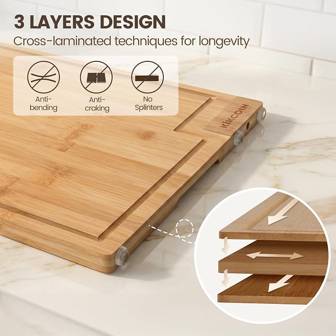Kikcoin Bamboo Cutting Boards for Kitchen Set of 3, Extra Large Wood Cutting Board with Rotating Kickstand & Juice Groove, Wooden Chopping Board for Meats Veges Fruits, Heavy Duty Serving Tray