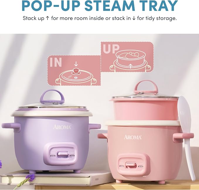 AROMA CoreCoat™ Mini Rice Cooker (3 Cups Cooked) with Nonstick Ceramic Pot Coating, Glass Lid, and Pop-Up Steamer Tray, 0.8 Quart