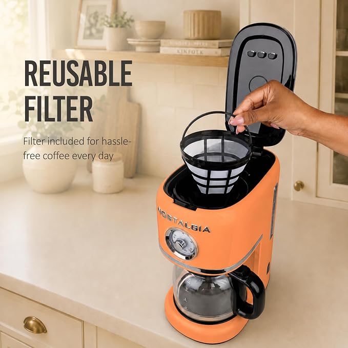 Nostalgia Classic Retro 10 Cup Coffee Maker - One-Touch Drip Brew, Reusable Filter - Anti-Drip, Auto Shutoff, & Time Display - Dishwasher Safe 50 oz Carafe - Orange