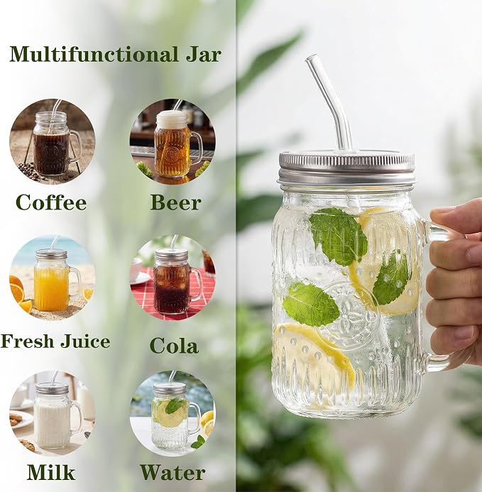 DaYammi 16 oz Mason Jars with Lids and Straws, 6 Pack Clear Vintage Drinking Glasses, Leak Proof Iced Coffee Cups for Daily Use & Party