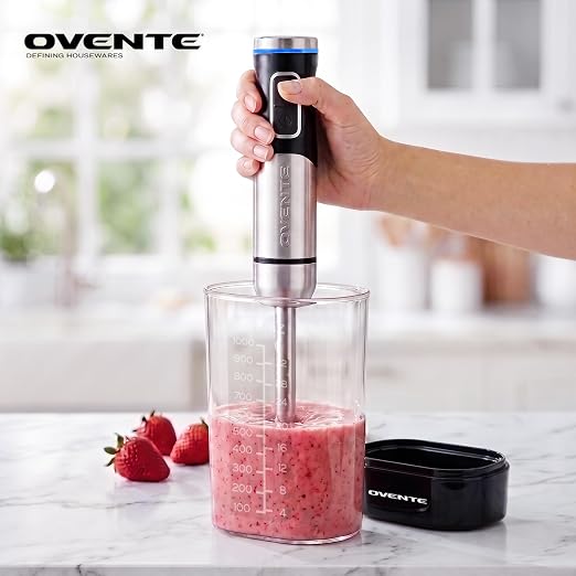 OVENTE Cordless Hand Blender, Rechargeable with 8 Mixing Speed Black HR981B | 200 Watts Handheld Portable Stick Mixer, One-Touch Control and Stainless Steel Blades for Smoothies, Shakes or Soups