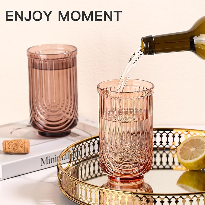 JOVGANK Amber Vintage Glassware Set of 6-17Oz Brown Water Drinking Glass, Art Deco Ripple Highball Glass, Whiskey Cocktail Glasses, for Bar Ice Coffee Juice, Housewarming Gifts Gift