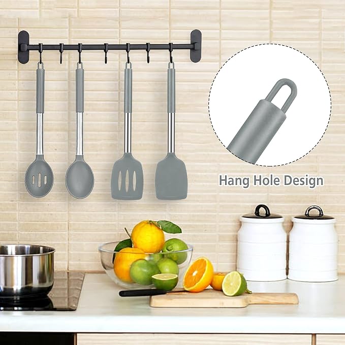 Large Silicone Cooking Spatulas and Spoons, BPA Free, 4 Pack (Grey) | Slotted & Solid Stainless Steel Cooking Utensils Set, Non-stick Heat Resistant Kitchen for Baking, Fried, Stir-Fry, Serving