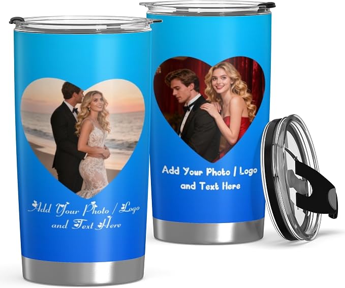 Personalized Tumbler Custom Vacuum Insulated Travel Mug Customizable Coffee Cup with Your Photos and Text Christmas Birthday Gift (2 Heart Photos+Text)