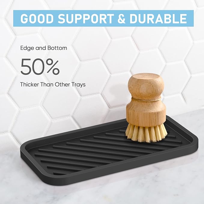 Kitchen Sink Organizer Tray,Sponge Holder for Kitchen Sink Bathroom（Black） | Counter Tray Sponge Caddy Silicone Soap Holder for Soap Dispenser, Bottle, Dishwashing Accessories(2-Pack)