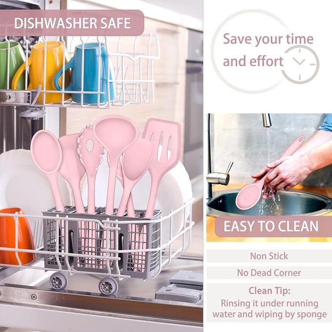 P&P CHEF Pink Kitchen Utensils, Silicone Cooking Utensil Set of 7 | Soft Spatula for Nonstick Cookware, Slotted Turner, Soup Ladle, Pasta Server, Spoon for Cooking, Dishwasher Safe & Heat Proof
