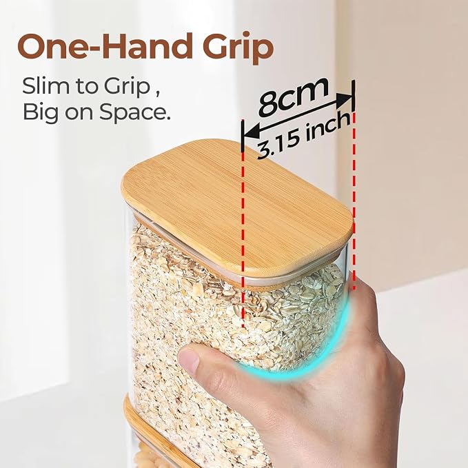 ComSaf Glass Storage Containers With Lids 1.8 Qt, 3 Pack Pantry Organizers | Glass Jars With Bamboo Lids, Rectangle Pantry Jar, Kitchen Canisters, Dry Food Storage Cereal, Flour, Sugar, 54oz, BPA Free