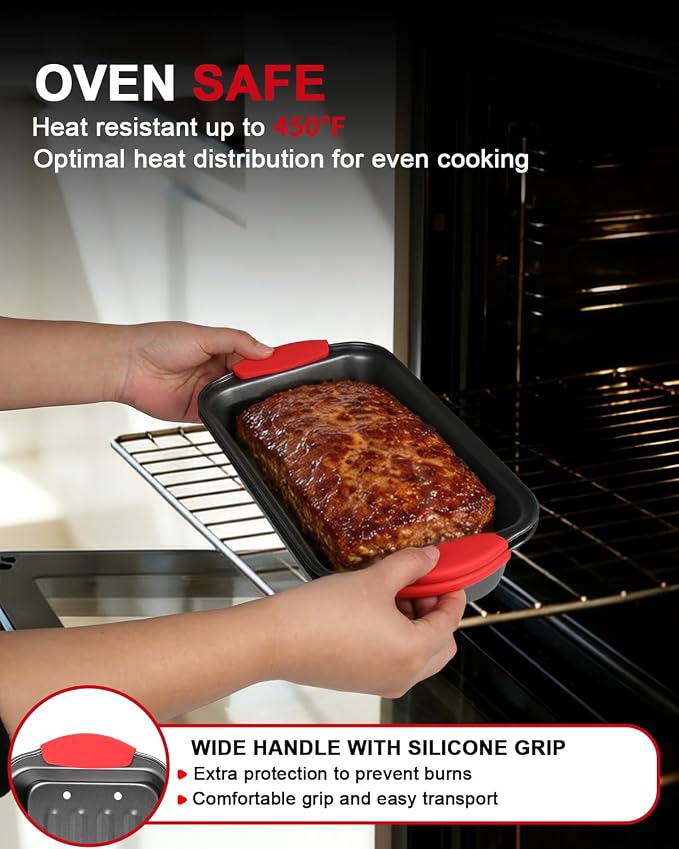 Meatloaf Pan with Drain Tray, 2PCS Nonstick Meat Loaf Pan with Drip Insert | Includes Spatula & Basting Brush, Versatile Baking Pan with Silicone Grip for Meatloaf, Bread, Roast, Cakes, Carbon Steel