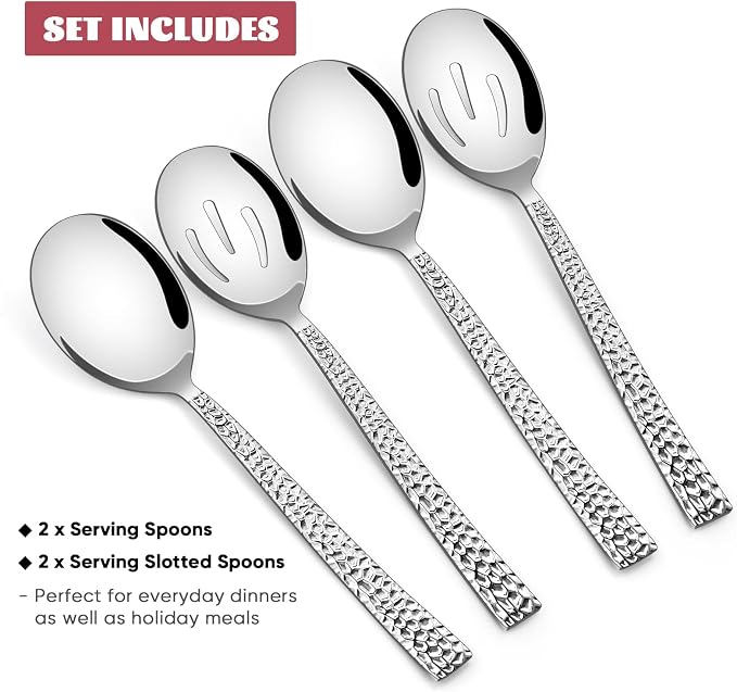 E-far Hammered Serving Spoons, 4-Piece Stainless Steel Serving Utensils Set Includes Slotted & Solid Spoons, Metal Hostess Tablespoons for Catering Buffet Party Kitchen Restaurant