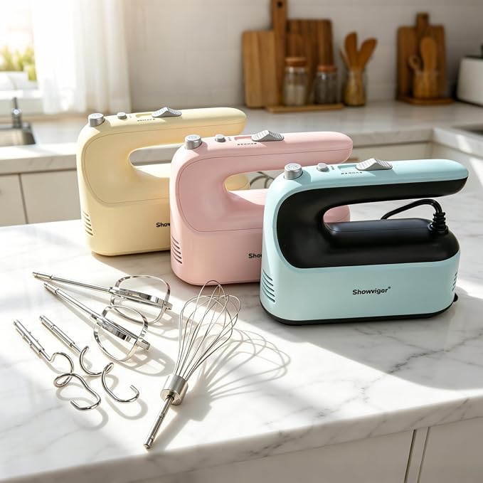 Electric Hand Mixer, 300W Handheld Mixer with 5 Stainless Steel Accessories, 5 Adjustable Speeds + Turbo Boost & Self-Control, One-Button Eject, Food Beater for Cakes, Eggs, Dough (Pink)