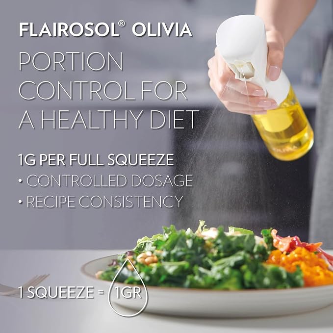 FLAIROSOL OLIVIA SIGNATURE Oil Sprayer, 130ml Glass, Golden Leaves | Portion control mist for air fryer, salad, BBQ, refillable & reusable, fine mist olive oil kitchen sprayer, anti-drip
