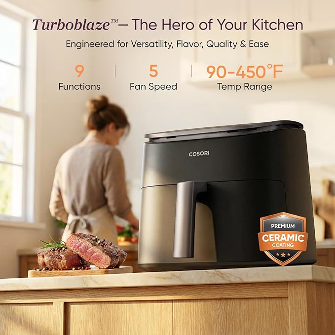 Cosori TurboBlaze Air Fryer, 9-in-1, 6 Qt, PFAS-Free Ceramic Coating | 90°–450°F, 5 Level Fan Speeds, 9 in 1 Air Fry, Roast, Bake, Broil, Dry, Frozen, Proof, Reheat, Keep Warm, Safety lock, 1725W