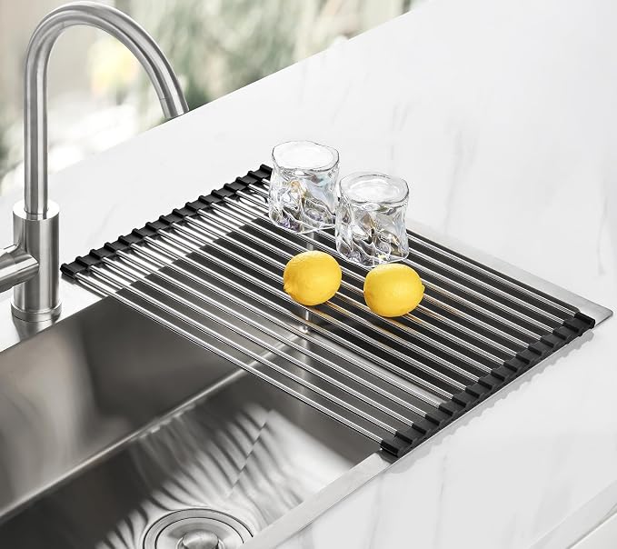 Tomorotec Roll Up Dish Drying Rack Over Sink, 304 Steel, 17.7x12.5, Black | Anti-Slip Silicone Rims For Grip, Heat-Resistant Trivet Mat Holding Heavy Cookware, Rustproof Kitchen Counter Space Saver