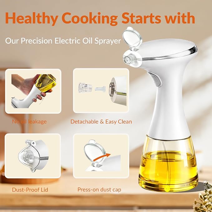 Electric Oil Sprayer for Cooking, USB Rechargeable Olive Oil Sprayer with One-Touch Mist, Leak-Proof, Dustproof Design, Perfect for Healthy Cooking, Olive Oil Dispenser for Precise Control