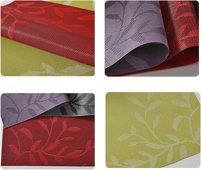 Leaf Placemats Set of 4 Non-Slip Heat-Resistant Vinyl Washable Place Mats for Kitchen Table Indoor Outdoor Durable (18"x12", Black)