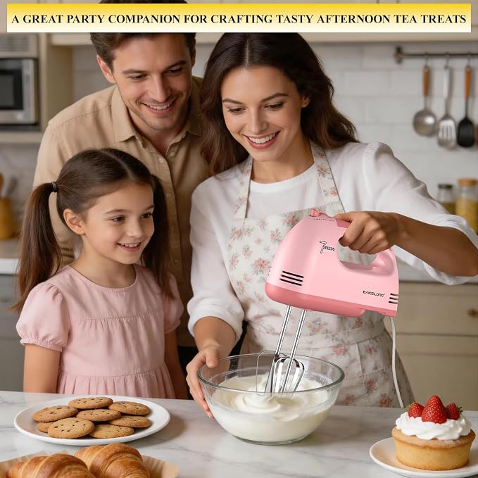 BAIGELONG Hand Mixer. 7-Speed Adjustable Kitchen Electric Mixer. With 5 Stainless Steel Attachments: 2 Hooks, 2 Beaters, 1 Whisk. Comes 1 Storage Box. Perfect for Bakers and New Starters. Pink