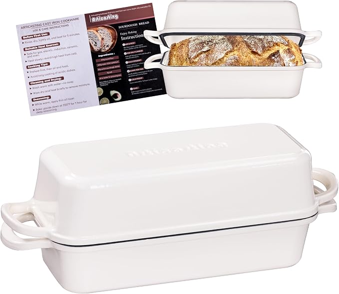 Cast Iron Loaf Pan with Lid, 11x5 Inch 5.8 Qt Sourdough Pan | Dutch Oven Bread Pan with lid, Large Cast Iron Loaf Pan for Sourdough Bread, 11x5 Size, 2-in-1 Design, Crispy Crust, White