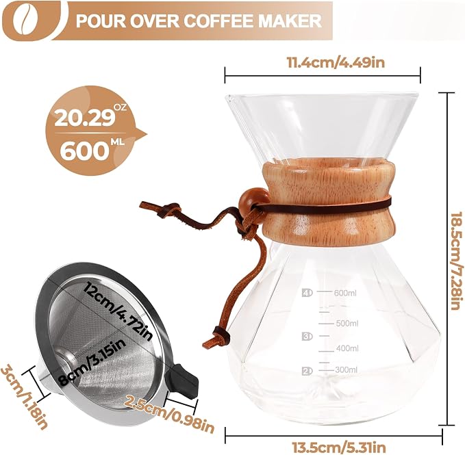 Pour Over Coffee Maker 600ml with 304 Stainless Steel Filter Wooden Collar Holder Borosilicate Glass Drip Coffeemaker Server Set Clear Hand Brew Dripper Carafe for Home Camping Travel 20.3oz