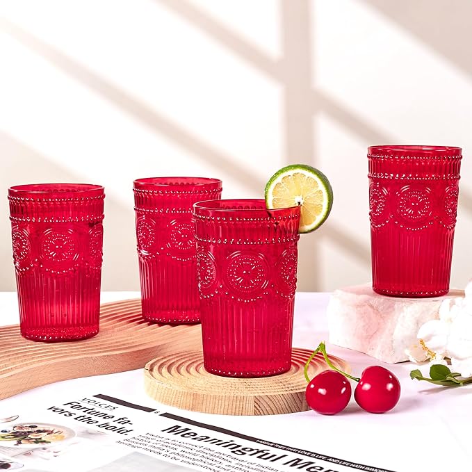Ciaell 12 Pack Red Plastic Water Glasses for Parties Dinners | 14 oz Red Embossed Ribbed Vintage Drinking Cups, Heavy Duty Plastic, Beer Juice Beverages Wine for Outdoor Weddings