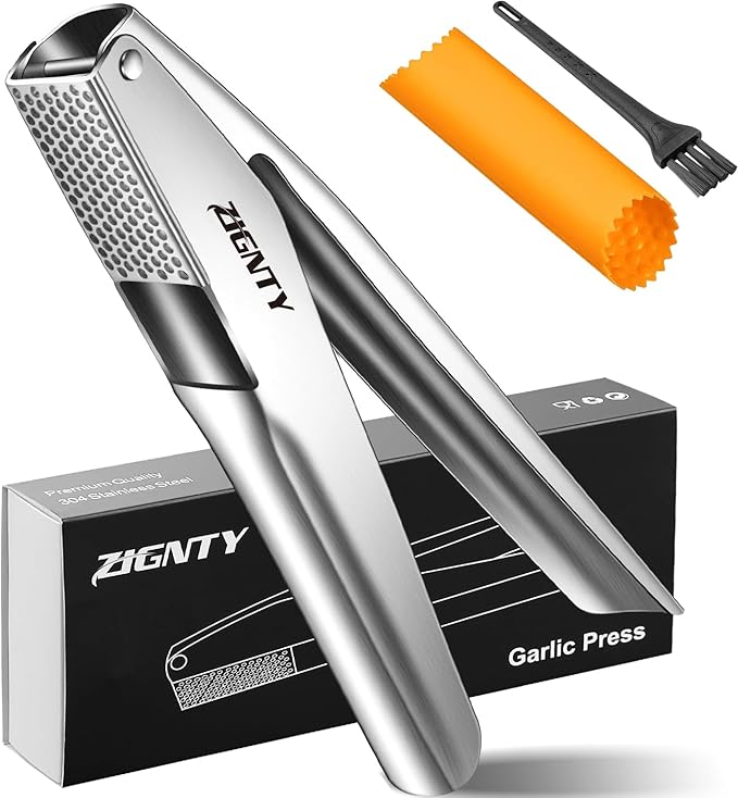 Garlic Press Stainless Steel, Professional Crusher No Peel Required | Large Trough Presser, Ergonomic Extra-wide Extended Handle, Easy Squeeze, Ginger Mincer Masher, Dishwasher Safe, Rust Proof