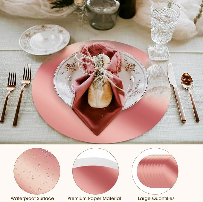 100PCS Round Rose Gold Placemats, Disposable Paper Chargers Plate | 13in Mirrored Rose Gold Paper Placemats for Dining Table, Kitchen, Banquet, Table Setting, Wedding, Birthday, Party