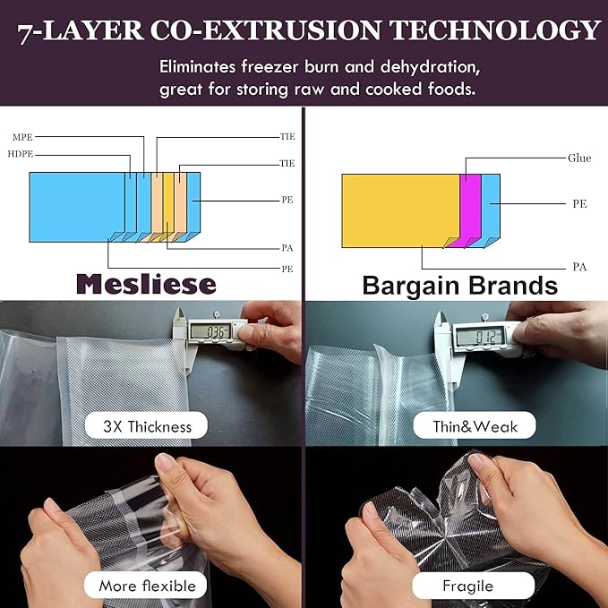 Mesliese Vacuum Sealer Bags Rolls for Custom Fit 11''x16' 3 Pack & 8''x16' 3 Pack Total 96', Heavy-Duty Thick Food Bag, BPA-Free, Freezable, Use for Sous Vide and Storing Raw and Cooked Foods, | Heavy-duty thick food bags, BPA-free, freezable, sous vid...