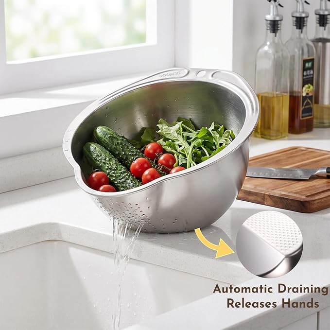 2 Pack Rice Washer Strainer Bowl, Stainless Steel Colander | Kitchen Washing Bowl with Side Drainers, Versatile Tool Accessories for Cleaning Fruit, Vegetables, Beans, Pasta