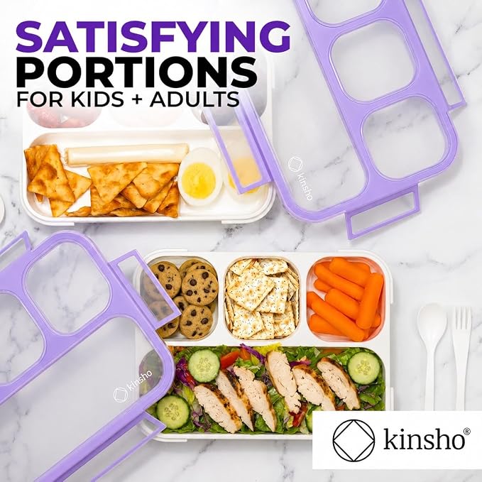 kinsho Bento Lunch Box for Kids Women Adults Girls School Work | Snack Containers for Toddlers Tweens | 4 Divided Sections for Portion Control includes Utensils BPA Free | Purple