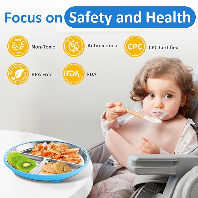 Bakpoco Stainless Steel Suction Plates for Toddlers, 9" Divided Kids Baby Plates with Removable Silicone Suction, Non Toxic Non Slip Portion Control Snack Dishes 3 Packs, Bright Orange/Blue/Green