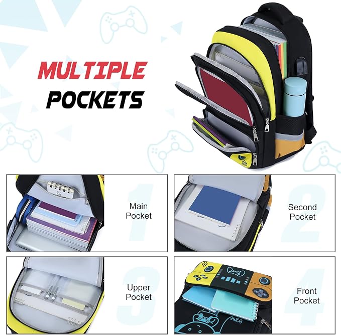 Backpack for School Boys, Cool Luminous Gamer Boys Schoolbag | with Lunch Box & Pencil Case Set for Kids Teens Elementary Middle School, Bookbag Glow In The Dark