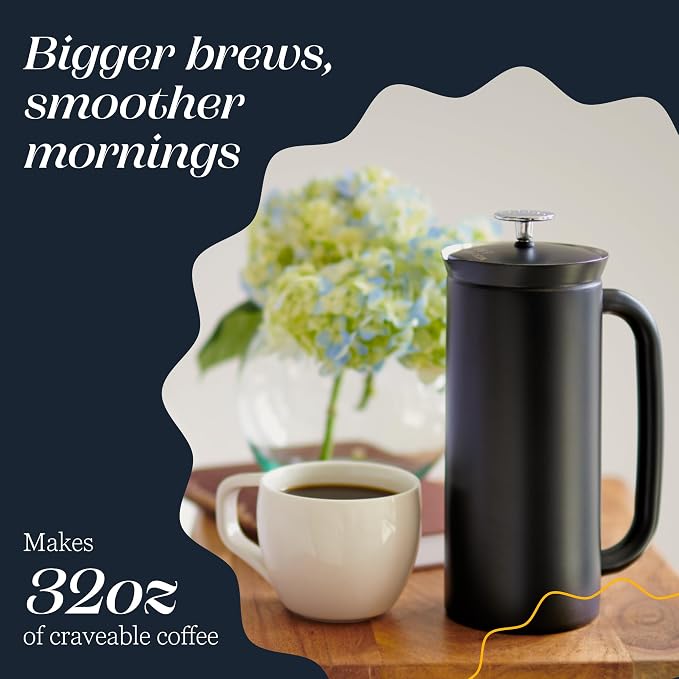 ESPRO P7 French Press, 32oz, Matte Black, Stainless Steel Coffee Maker | Double Filter Coffee Press, Grit-Free Coffee, Heat Resistant Insulated tea Press, Easy Hot and Cold Coffee Brewer, Tea Brewer