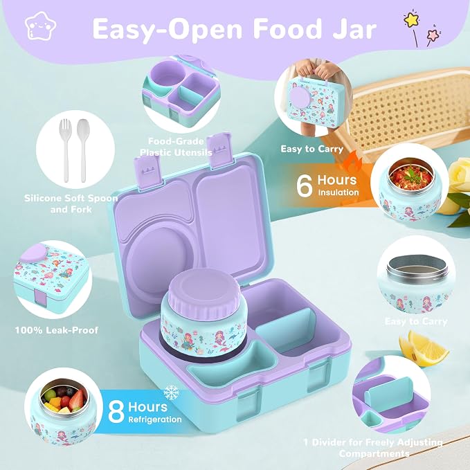 Bento Box for Kids, Leakproof Kids Lunch Box with 8.5OZ Thermo Food Jar & Lunch Bag, 3-4 Compartments Toddler Insulated Lunch Box for Girls, BPA Free Lunch Containers for School Daycare