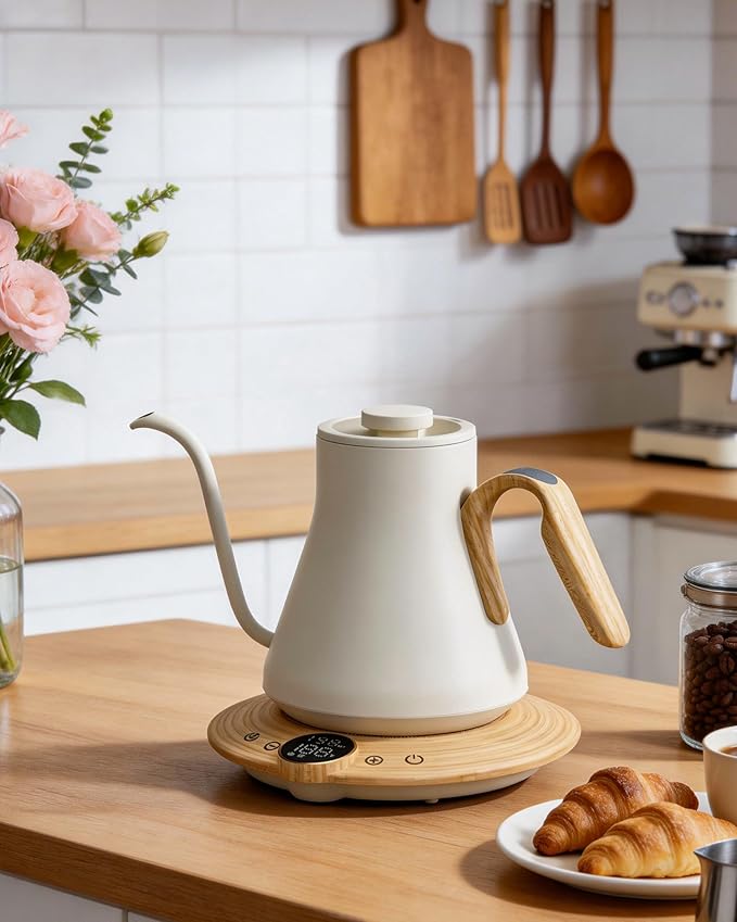 Cocinare Gooseneck Electric Kettle, ±1°F Precise Temperature Control, 1500W Fast Heating, Pour Over Coffee & Tea Kettle with Brew Timer & Keep Warm, Stainless Steel, 0.9L (White Maple)