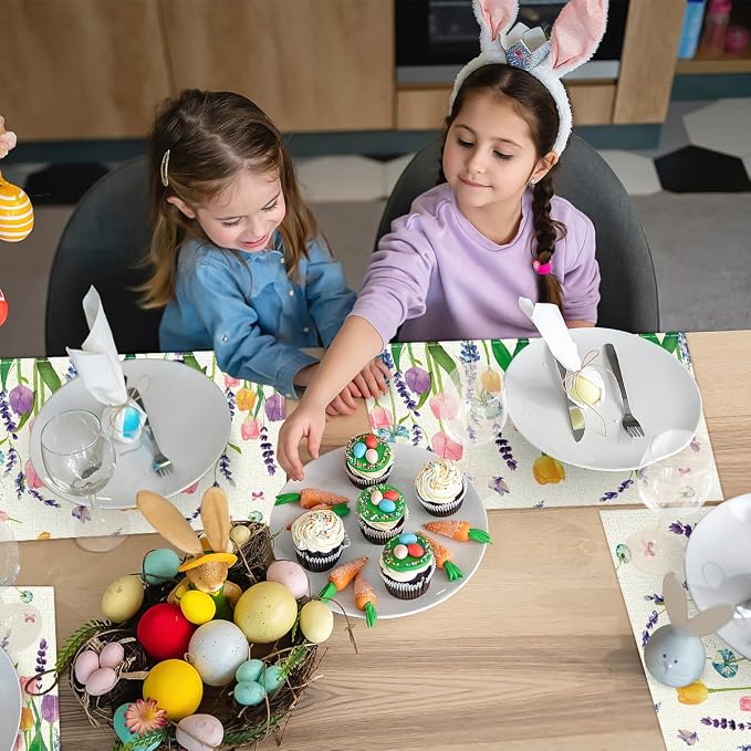 Floral Spring Placemats Set of 6, Easter Placemats Tulip Butterfly Table Mats Spring Table Decorations for Home Party 12x18 Inch