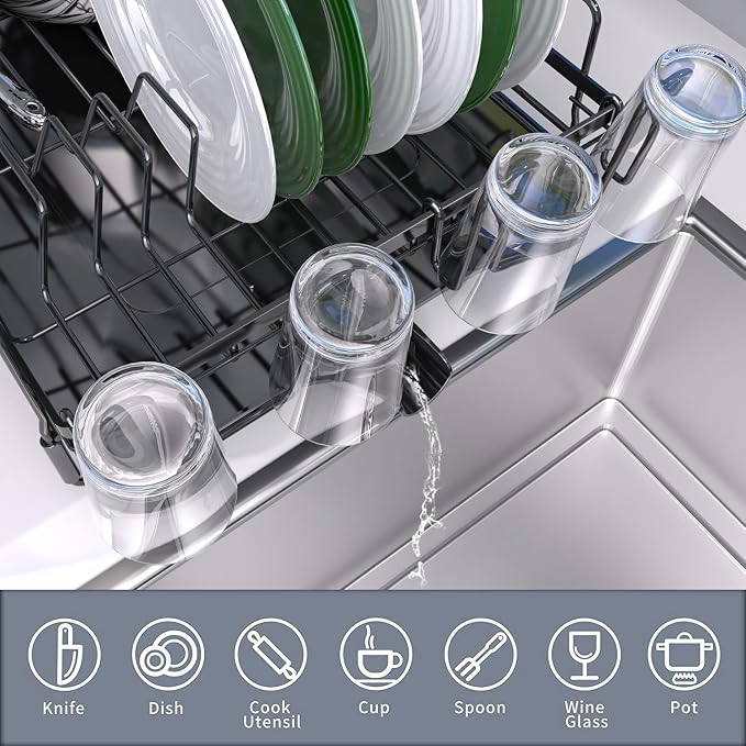 Runnatal Large Dish Drying Rack Stainless Steel Sink for Kitchen | Extendable Dish Rack Used in Sink & Kitchen Counter, with Drainboard Set & Utensil Holder & Cup Holder 20.5"-27.6"L x 12.6"W