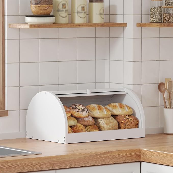 STDDRE Corner Bread Box for Kitchen Countertop Roll Top Bread Box Kitchen Food Storage Box for Homemade Bread Bread Holder for Kitchen Counter Pantry Shelf (White)