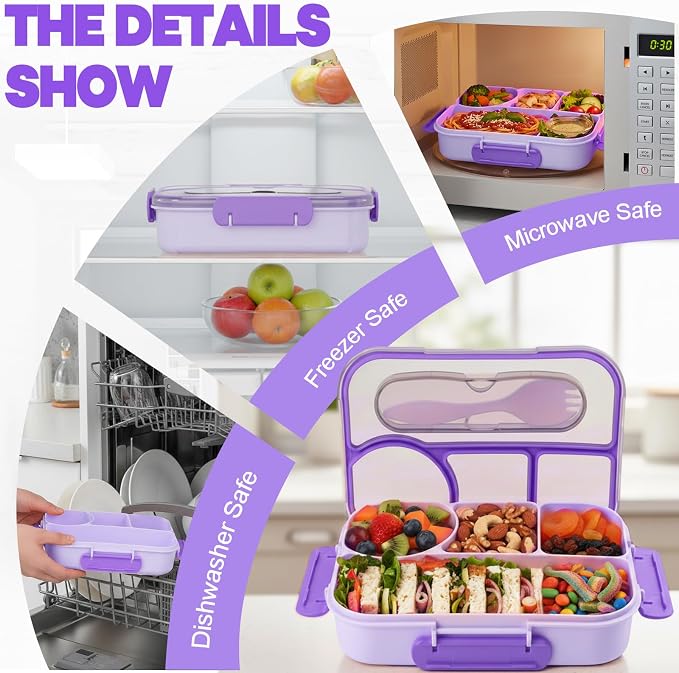 Bento Box for Adults, 4 Compartments Lunch Box, Lunch Containers, Purple