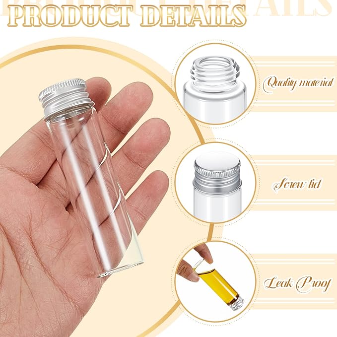 Didaey 100 Pcs Small Clear Vials Spice Mini Jars with Lids Mini Glass Bottles with Screw Aluminum Metal Caps Tiny Jars Sample Containers for Powder Cream Cosmetic Jewelry Wedding (20 ml,Silver Caps)