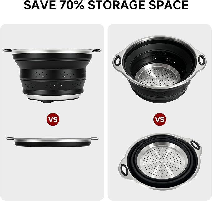 Mejoncb Collapsible Colander – Platinum Silicone Strainer with Stainless Steel Base, BPA-Free & Heat Resistant Kitchen Drain Basket (Black)