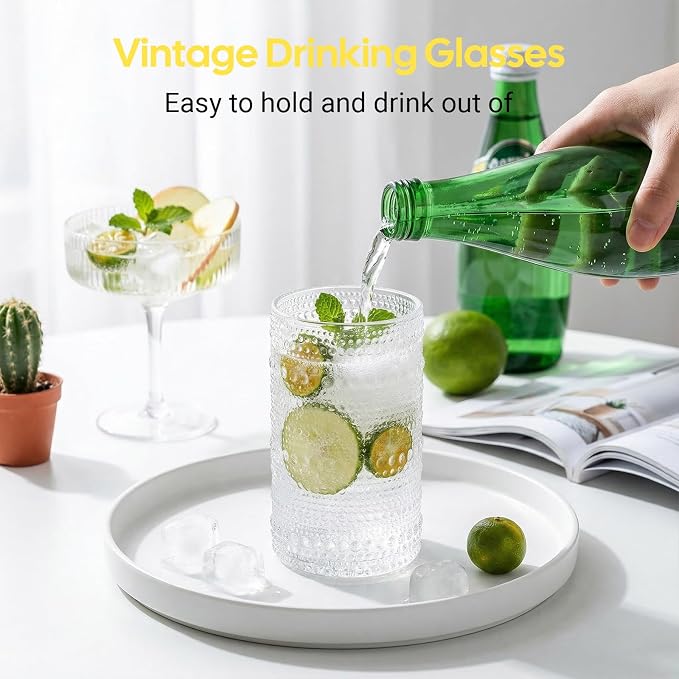 12 oz Hobnail Drinking Glasses, 6 Pack | Vintage Embossed Glass Tumbler Beverage Set for Juice, Beer, Cocktail, Whiskey