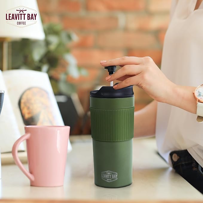 Green Portable French Press Travel Mug & Coffee Maker | Leak-resistant lid Double-wall vacuum insulation ideal for camping & travel