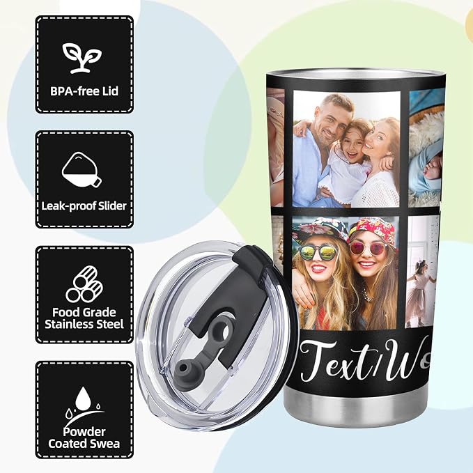 Personalized Tumbler Custom Vacuum Insulated Travel Mug Customizable Coffee Cup with Your Photos and Text Christmas Birthday Gift (10 Photos+Text)