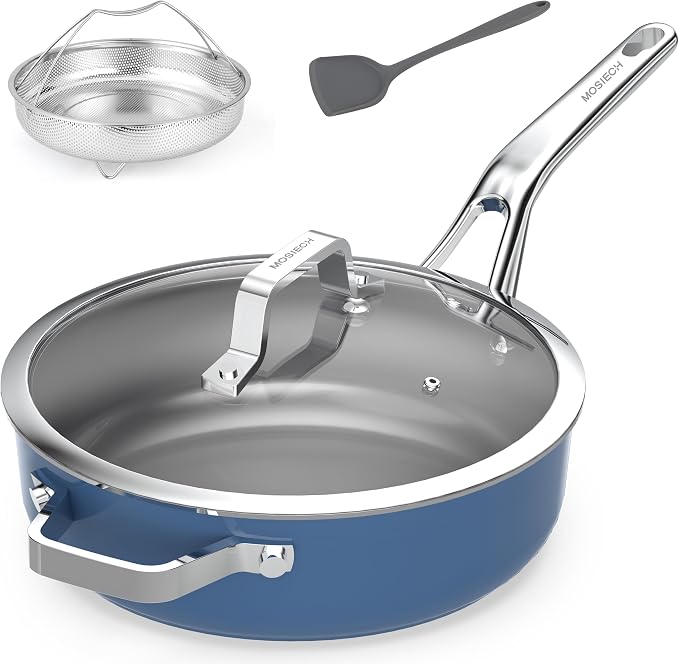 10-in-1 Blue Ceramic Nonstick Deep Saute Pan Set With Steamer & Lid, 4QT | PFAS-free frying pan.non-toxic. Induction ready. Oven safe to 480°F. Cool-touch handle. Dishwasher safe. Perfect for RVs!