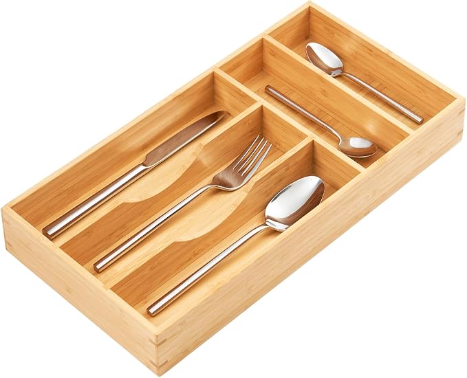 Bamboo Kitchen Drawer Organizer, 8 Inch Silverware Utensils Tray Holder for Small Drawer, Wood Caddy for Flatware Cutlery Knives