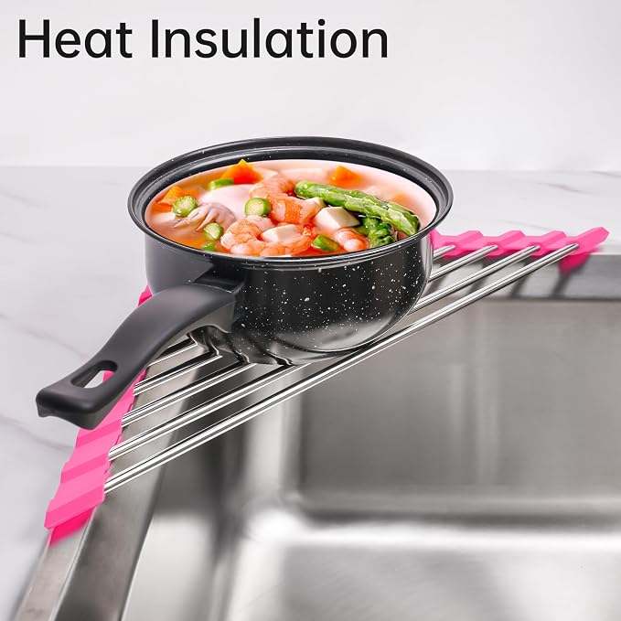 Tomorotec Triangle Roll Up Dish Drying Rack 304 Stainless Steel Rose | BPA-Free Food-Grade Silicone Edges Foldable Waterproof Rustproof Heavy-Duty Space Saver Heat Resistant to 550°F