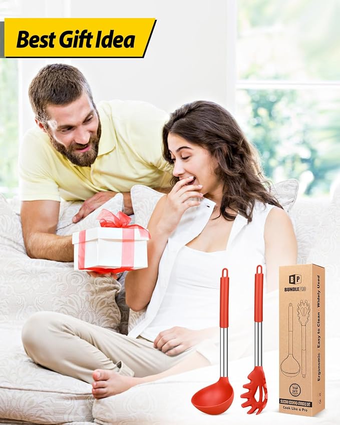 BUNDLEPRO Silicone Pasta Fork and Ladle Spoon Set, 2 Pack, Red | Large Non Stick, High Heat Resistant Kitchen Utensils for Cooking,Stirring,Serving Spaghetti, Soup, Sauce