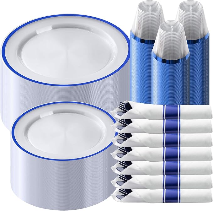 350 Pcs Clear Blue Plastic Plates Disposable for Party 50 Guests | Party Supplies Includes 100 Plates, 50 Pre Rolled Napkins with Cutlery Set, 50 Cups, for Graduation, Birthday, Christmas