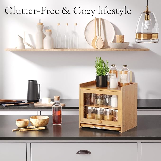 Bamboo Bread Box, Double Layer, Cutting Board, Kitchen, Natural | See-Inside Acrylic, Magnetic Closure, Countertop Bread, Fruit, Tea, Coffee Storage, Rear Vents Stay Fresh, Adjustable Shelf