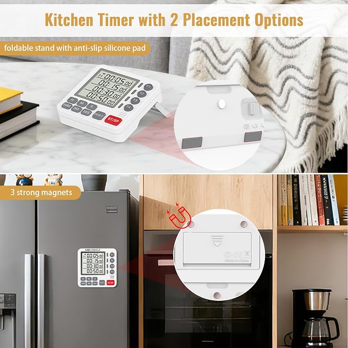 Digital Dual Kitchen Timer, Multiple Channels Countdown Timer | 4-Groups Timer with Magnetic-Back Memory-Preset Large Display Adjustable Alarm Volume, 3A Battery Included, Ideal for Cooking